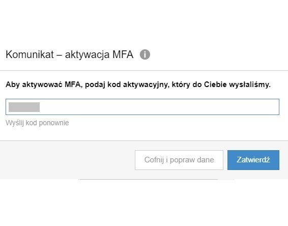 Komunikat - aktywacja MFA - podaj kod