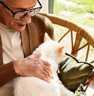 Mężczyzna czytający gazetę z kotem na rękach