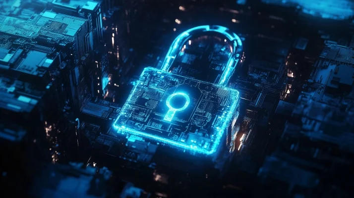 Niebieski zamek na tle miasta, symbolizujący bezpieczeństwo i ochronę danych. Blog