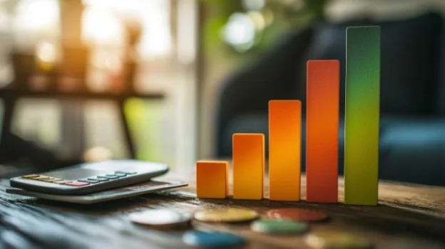 Grafika przedstawiająca symbol wzrastającego wykresu słupkowego znajdującego się przy kalkulatorze i monetach. Blog