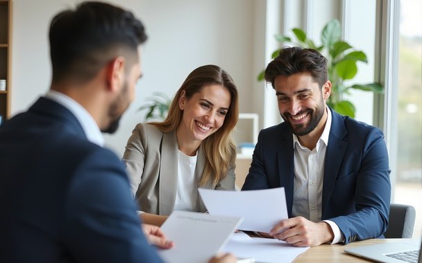 Para podczas konsultacji kredytowej przegląda dokumenty dotyczące warunków kredytu hipotecznego i rat malejących.Blog