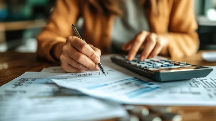 Dłonie kobiety piszące na kalkulatorze oraz na dokumentach finansowych. Blog
