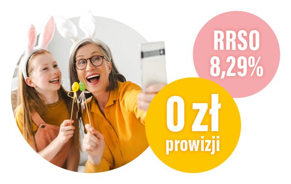 Kobieta i dziewczynka robią selfie w opaskach z uszami królika, obok napisy: RRSO 8,29% i 0 zł prowizji dla Pożyczki Prostej.