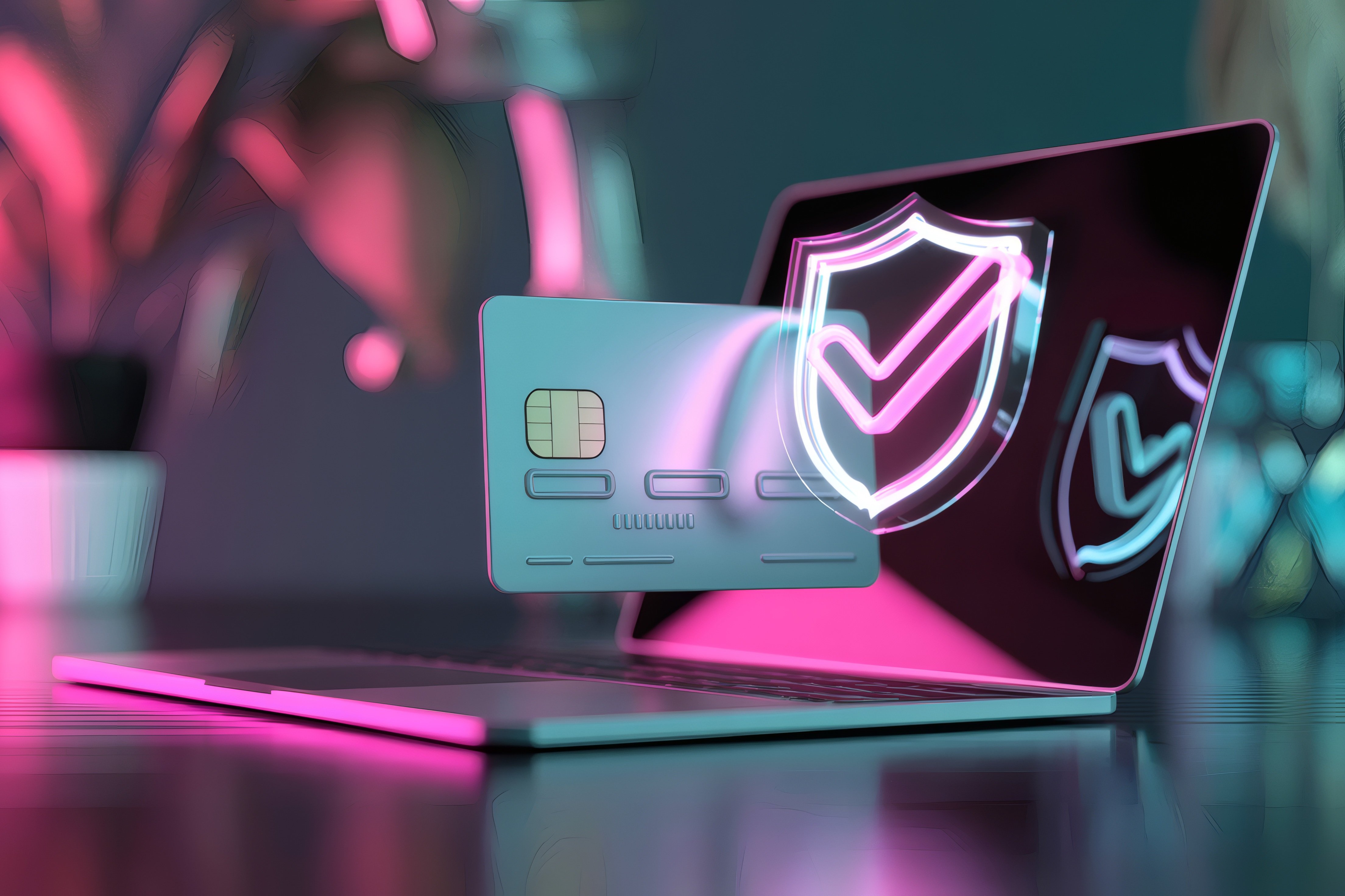 Karta płatnicza i tarcza z symbolem weryfikacji unoszące się nad laptopem, ilustrujące bezpieczeństwo płatności 3D Secure.Blog