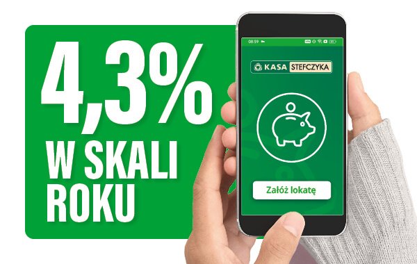 Smartfon z aplikacją bankową i informacją o lokacie mobilnej na nowe środki  4,3% w skali roku.