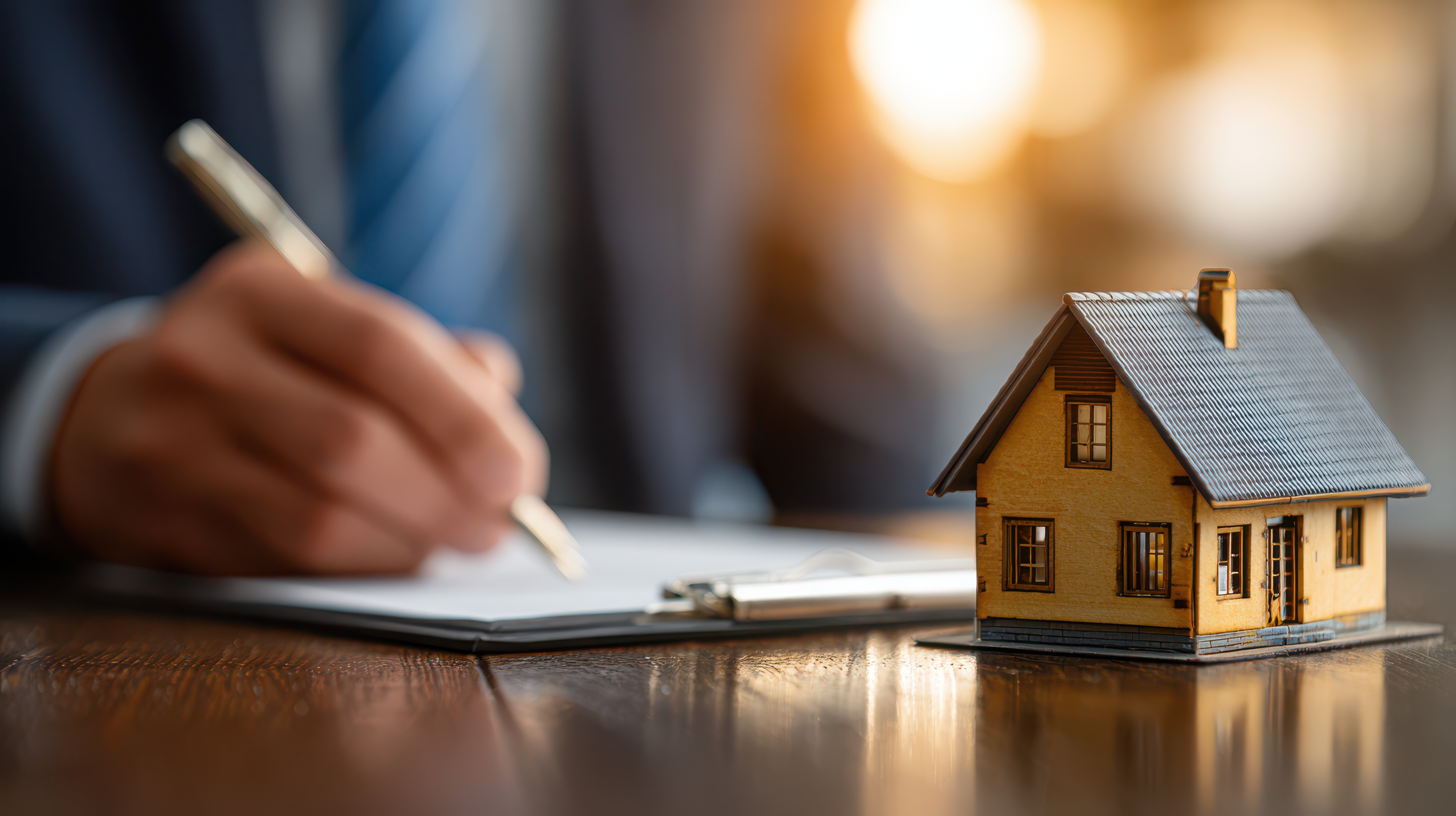 Osoba w garniturze podpisująca dokument u wierzyciela hipotecznego, z miniaturowym domem na pierwszym planie jako zabezpieczeniem. Blog