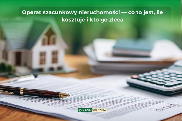 Dokumenty, kalkulator, długopis i miniaturowy model domu na biurku – grafika ilustrująca artykuł o operacie szacunkowym nieruchomości i kosztach wyceny.