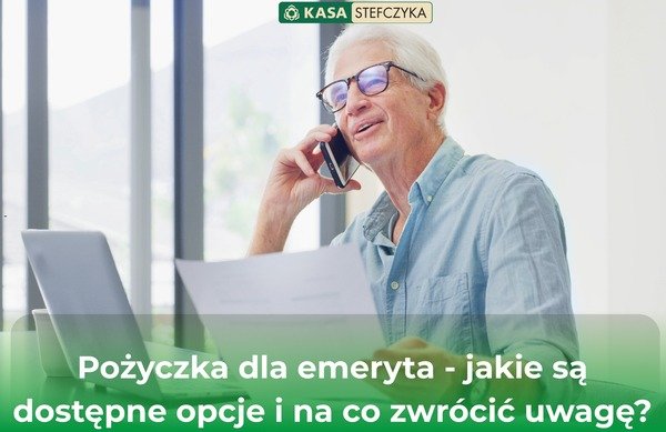 Starsza osoba rozmawia przez telefon i przegląda dokumenty dotyczące pożyczki dla emeryta