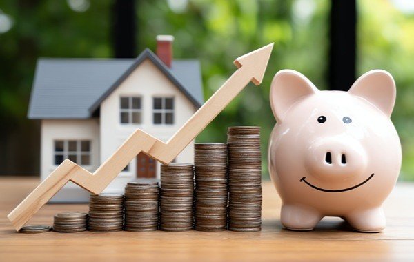 Skarbonka, model domu i rosnące stosy monet z wykresem w górę – symbol wzrostu kosztów kredytu hipotecznego. Blog.
