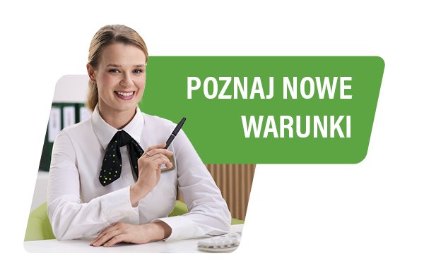 Uśmięchnięta kobieta w białej koszuli i apaszce wskazuje długopisem na napis "poznaj nowe warunki". Pożyczka Gotówkowa - slider.