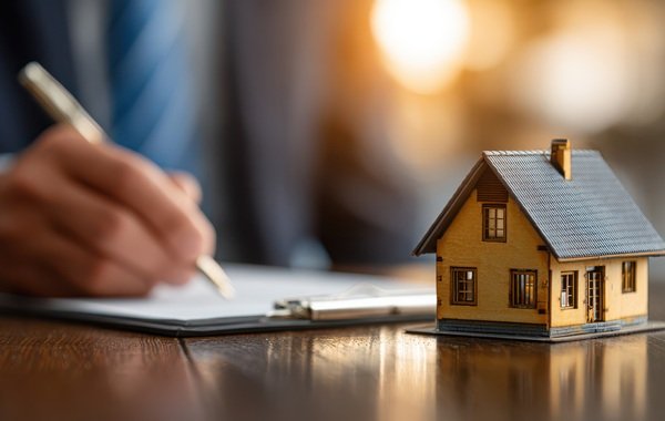 Osoba w garniturze podpisująca dokument u wierzyciela hipotecznego, z miniaturowym domem na pierwszym planie jako zabezpieczeniem. Blog