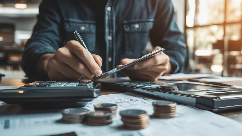 Mężczyzna zajmujący się dokumentami finansowymi, z kalkulatorem i monetami na biurku. Blog