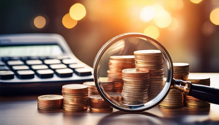 Lupa powiększająca stos monet znajdujący się na biurku. W tle kalkulator. Blog