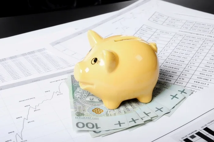 Żółta skarbonka umieszczona na banknotach stuzłotowych i dokumentach analiz finansowych. Blog