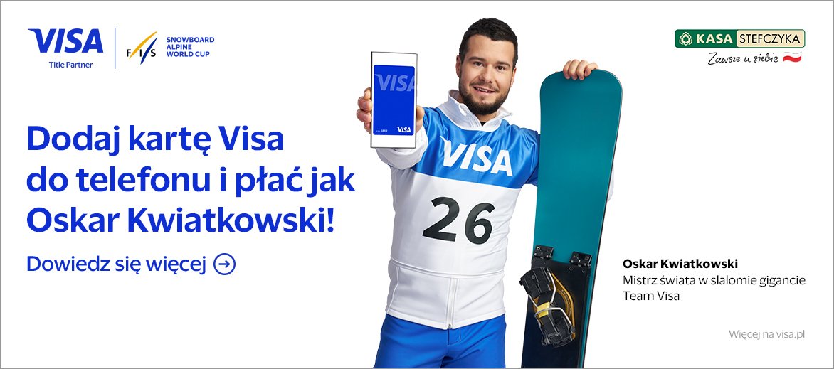 Oskar Kwiatkowski promuje płatności Visa, logo Kasy Stefczyka.