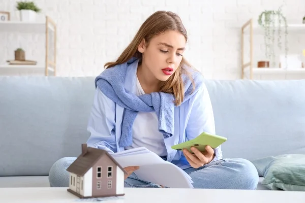 Kobieta siedząca na kanapie trzymająca dokumenty i kalkulator. Na stole znajduje się makieta domku. Blog