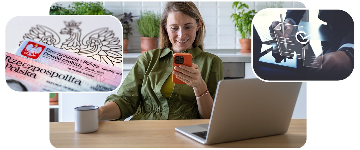 Kobieta korzysta ze smartfona i laptopa przy biurku; obok wizualne elementy związane z e-dowodem i potwierdzaniem tożsamości online