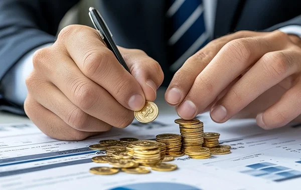 Zbliżenie na dłonie mężczyzny w garniturze układającego stosy złotych monet na dokumentach finansowych. W jednej ręce trzyma długopis, w drugiej monetę. Blog.